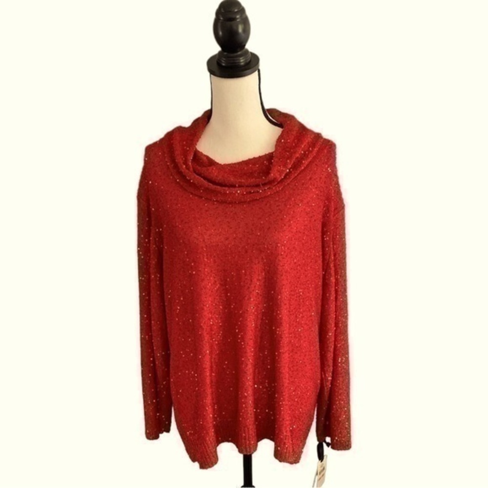 Emaline Sequined Red Cowl Neck Sweater Size 2X NWT
